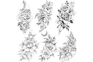 COKTAK 6 BläTter Groß Schwarz Rose Blume Temporäre Tattoos Frauen Körper Arm Beine Päonie Geometrisch Aufkleber Gefälscht Wasserdicht Skizzieren Tätowierung Sexy Pfingstrose Temporary Tattoos