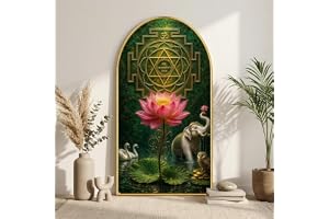 Livin'luxe Shree Yantra Lotus Wall Painting for Living Room, Vastu Spiritual Artwork, PVC Golden Frame, Arch Shape Wall Decor for Pooja Room, Bedroom, Home & Gift (30 x 16 Inch) RPNL-01-109