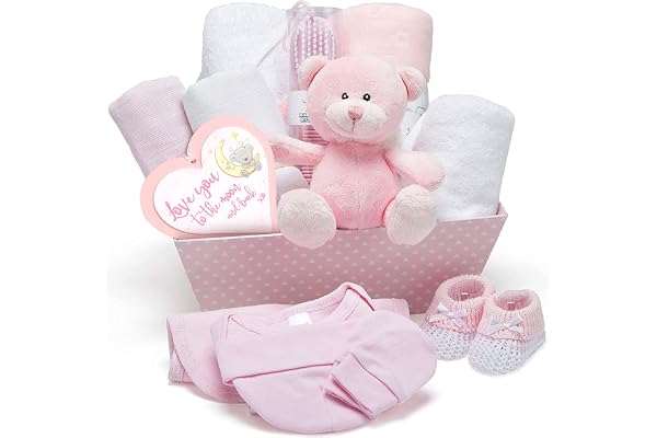 Baby Box Shop Coffret Naissance Rose pour Bébés Filles – Kit de Naissance avec Vêtements Bébé Fille, Lange en Polaire, Serviette avec Capuche 2 Étoffes en Mousseline et Un Adorable Ourson en Peluche