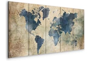 murando - Quadro Mappamondo 200x80 cm 5 pezzi Stampa su tela XXL Immagini Moderni Quadri Murale Fotografia Grafica Soggiorno Decorazione da parete Rosa dei Venti Blu Terra Mondo k-A-0415-b-m