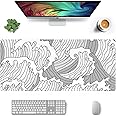 AQQA Black and White Wave Large Mouse Pad, Full Desk XXL Extended Gaming Mouse Pad 35" X 17", Waterproof Desk Mat with Stitched Edges, Non-Slip Base, Keyboard Pad, Desk Mat for Gamer, Office & Home