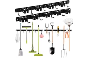 devesanter Broom Holder 2 Pcs Stainless Steel Mop Holder,Wall Mounted Broom Holder Self Adhesive with 9 Trestle 9 Hooks for Kitchen, Bathroom,Office, Closet, Garden,Garage（black）