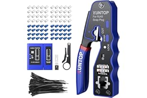 XUNTOP Pinza Crimpatrice RJ45 Kit Crimpatore RJ45 Pass-Through con 50 Connettori Cat6 Dorati, Tester Cavi, Pinza Crimpare Compatta Multifunzione, Guida Colori T-568A/B, EVA Borsa per Cat5, Cat6 e Cat7
