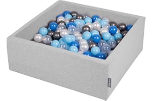KiddyMoon 90X30cm/200 Balls ∅ 7Cm / 2.75In Square Baby Foam Ball Pit Made In EU, Light Grey:Pearl/Blue/Baby Blue/Transparent/Silver