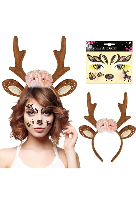 Déguisement Renne Femme – Serre-tête Bois + Tatouage Visage + Jupe Tutu Marron + Chaussettes Hautes – Carnaval Et Noël