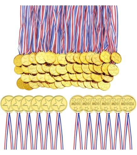 AYSYR Lot De 40 Médailles Dorées En Plastique Avec Ruban – Récompenses Pour Enfants Et Adultes, Concours Scolaires Et Fêtes, Diamètre 3,8cm