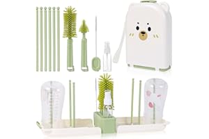AOOTE Kit Completo de Limpieza de biberones, Set Cepillo Limpia Biberones Viaje de Ranuras de Secado Vertical,12 en 1 Set de cepillos para biberones con 3 Cepillos & Dispensado rde jabón(Verde)