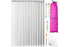 Knitting Needle Set,BCMRUN 22PCS 2mm(B)-8mm(L) Straight Single Pointed Stainless Steel Sweater Needles Set(11Pair-11Size,9.8inch) with Locking Stitch Makers Large-Eye Blunt Needles Measure Tape(25cm)