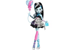 Monster High Scary Sweet Birthday-Puppe, Frankie Stein im schwarzen Partykleid mit themenbezogenem Zubehör wie Einladung, Luftballon, Geschenk, Lippenstift und mehr, JBG75