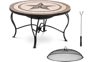 Uniprodo Garden Fire Pit with Cover Spark Screen Fire Bowl Patio Table Ø 76 cm UNI_F_BOWL_02 (Steel, Ceramic Elements, Cover)