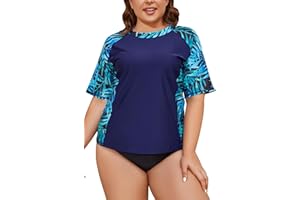 SHEKINI Maillot de Bain à Manches Courtes pour Femme Protection Solaire Haut de Bain Grande Taille