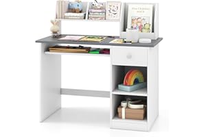 GYMAX Wooden Kids Desk, Children Study Table with Drawer, Tabletop Bookshelf, Keyboard Tray, Shelves & Hutch, White Computer Desk Student Writing Table for Home School Use (Grey+White)