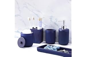 XLHOMO Resin Navy Blue Bathroom Accessories Set 5 Pcs, Lotion Soap Dispenser, Toothbrush Holder, Bathroom Tumbler, Qtip Holder and Vanity Tray, Bathroom Countertop Organizer Set for Modern Apartment