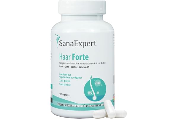 SanaExpert Haar Forte | Complément Alimentaire pour Cheveux et Ongles avec Biotine, Zinc, Millet Perlé et Sélénium | 120 Capsules Véganes | Fabriqué en Allemagne