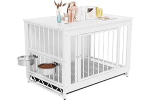 LIFERUN Cage pour chien pour la maison - En bois - 93 x 64 x 58 cm - Pour l'intérieur - Avec plateau amovible - Niche pour chien avec 2 gamelles et porte - Cage pour chiens de taille moyenne jusqu'à 40 kg