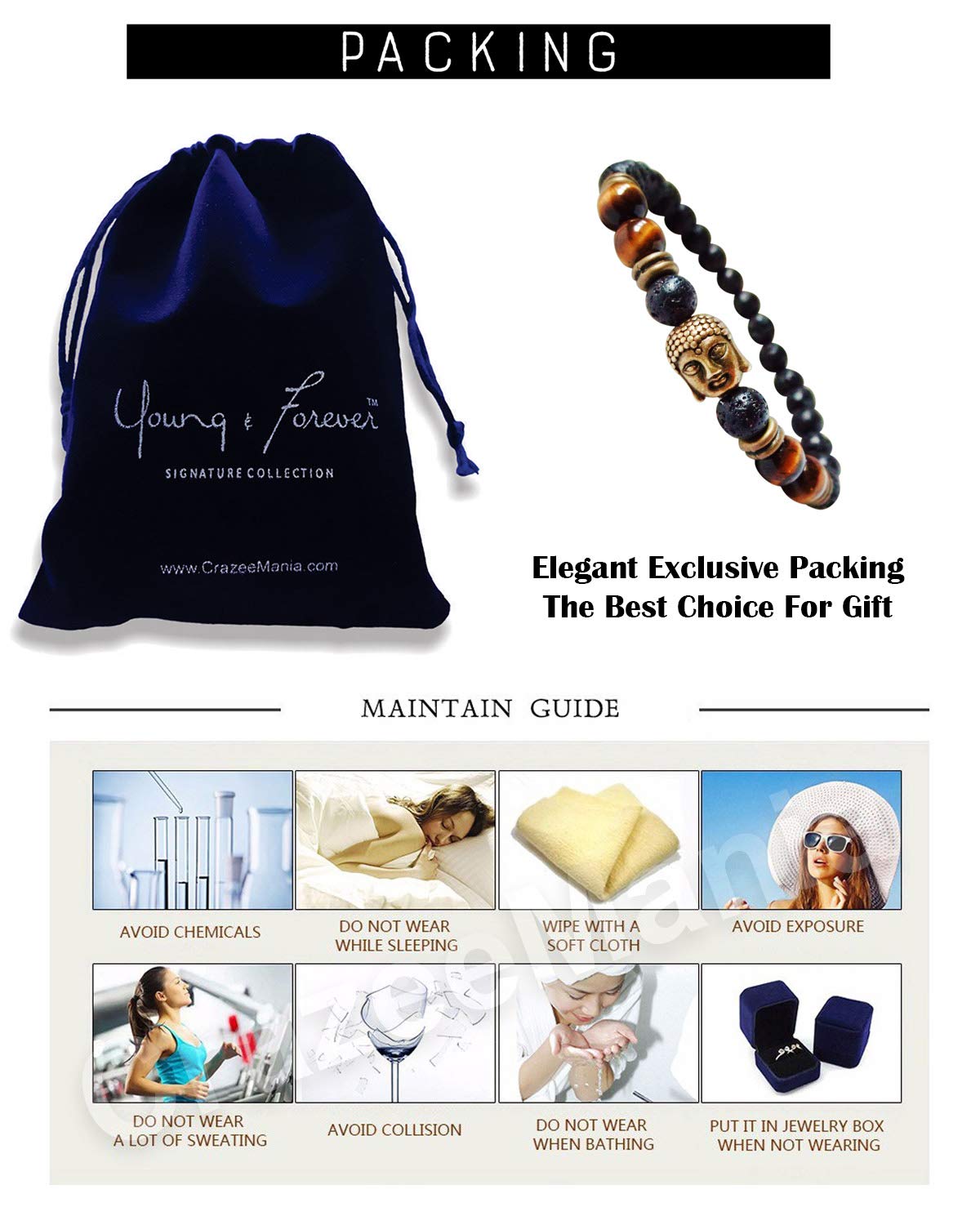 Young & Forever Gift Natural Gemstone Reiki Feng Shui Healing Crystal Beads Hand Triple Protection Lucky Bracelet Buddha Bracelet. Unisex. - Image 8