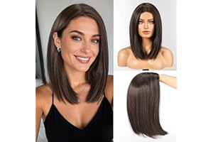 WOKESTAR Bob Wigs for Women with Middle Parting, Heat Resistant Fibre, Synthetic Heat Resistant Wigs, Dark Brown with Highlights