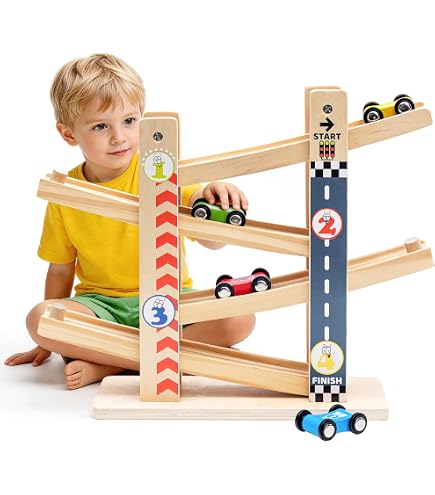 Jouets de Rampe de Voiture en Bois | Toboggan de Voiture en Zigzag | Jouets pour Tout-Petits Piste de Course en Bois avec 4 Voitures en Bois pour Cadeaux d'enfant de 1