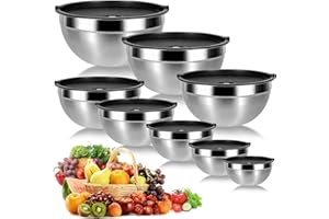 Cinnani 8 Lot de Bol Inox avec Couvercle, Bols mélangeurs, Saladier, Bols de Service, Bol cuisine multifonctionnel