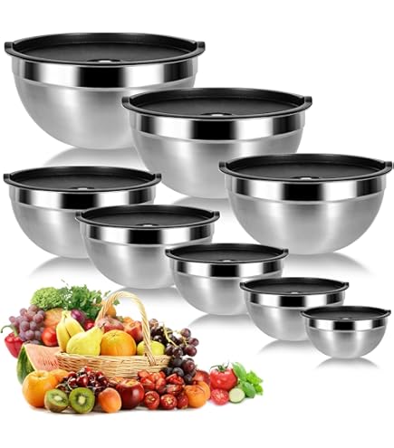 Set 5 Ciotole Acciaio Inox Con Coperchi - 4.5L/2.7L/1.6L/1.1L/0.7L, Lavastoviglie Safe