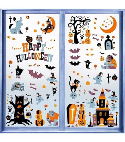 Kit De 141 Autocollants PVC Halloween Pour Fenêtres – Sorcières, Citrouilles, Chauves-souris, Décoration Amovible Et Réutilisable - 10
