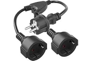 Podwójna wtyczka do gniazdka, przedłużacz, zewnętrzny, styk ochronny z 2 gniazdami AC, HITRENDS 2-krotny rozdzielacz Schuko Y, rozdzielacz 5 cm, krótki kabel, wodoszczelność IP20, 1,5 mm², 16 A/250 V,