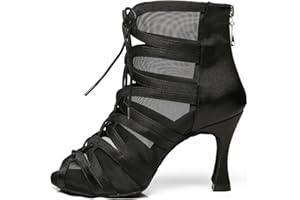 RUYBOZRY Latein Tanzschuhe Damen Hoher Absatz Salsa Ballsaal Satin Tanz Sandalen Czarny Offene Zehen Latein Tanzstiefel mit 8,5cm Absatz Wildledersohle