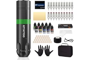 EZ TATTOO EZ Kit per Tatuaggi - Kit Macchina per Tatuaggi Completo di Penna Rotante per Tatuaggi, Alimentazione a Batteria 1500mAh, 20Pz Aghi per Tatuaggio Assortiti per Gli Artisti del Tatuaggio (Verde)