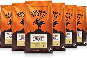 Grumpy Mule Colombia Planadas Organic (Ground Coffee) with notes of Caramel and Red Fruits 200g (Pack of 6 - Total 1.2kg)