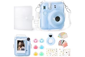 Rieibi Accessories for Fujifilm Instax Mini 12, Gift Bundle Includes Clear Instax Mini 12 Case with Strap, Mini Photo Album, Selfie Mirror, DIY Stickers, Color Filter (No Camera) - Blue