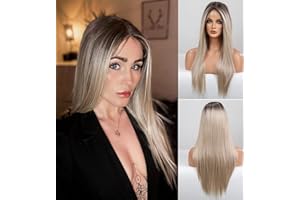 VEBONNY Ombre Braune Lace Front Perücke mit Babyhaaren, Hellblonde Hervorgehobene Gerade Perücken für Frauen, Hitzebeständige Fasern, Warme Blonde Lange Perücken, 20 Zoll VEBONNY-089