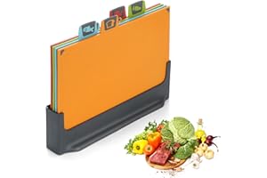 BEWOS 4 Colour Coded Chopping Boards Set, Wheat Straw Cutting Board, Reversible Chopping Board with Stand, Non-Slip Feet Chopping Boards for Kitchens, Juice Grooves & Dishwasher Safe