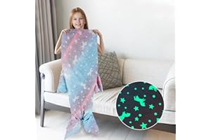 BIQIQI Couverture Queue de Sirène Brille dans l'obscurité pour Enfants, Plaid Sirène Flanelle avec étoiles Paillettes et Licorne pour Filles Sac de Couchage Sirène Cadeaux d'anniversaire Noël