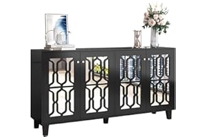 ‎MERAX Merax Sideboard Kommode Schwarz verspiegelte, Anrichte mit 4 Türen, Moderne Beistellschrank Mehrzweckschrank mit verstellbares Regal, viel Stauraum für Wohnzimmer, Esszimmer, 160 x 40 x 84 cm