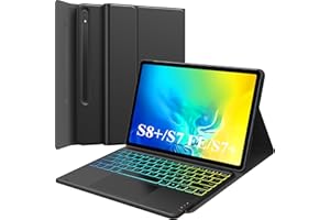 Earto Clavier Samsung S7 FE, Clavier pour Samsung Tab S7 FE/S7 Plus/S8 Plus 12.4" avec Touchpad, Rétroéclairage DIY 7 Couleurs, 2 Canaux BT, Détachable Bluetooth pour Tab S7+/S8+/S7 FE, AZERTY, Noir