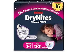 Huggies DryNites Pyjama Pants, Girls 3-4 Years (12-21KG), Up to 100% Leak Free Nights, Bedwetting Pants, 16 Count