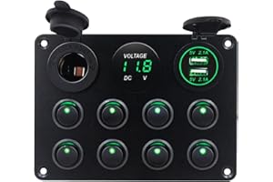 KAOLALI Pannello Interruttori 8 Gang 12V/24V, Interruttore a Levetta Impermeabile Porta caricatore USB 4.2A + Accendisigari + Voltmetro per Camper Roulotte Barche LED Verde