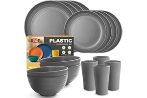 Teivio 16-Piece Kitchen Plastic Dinner Set, Service for 4, Dinner Plates, Dessert Plates, Cereal Bowls, Cups, Unbreakable Plastic Plates and Bowls Set, Outdoor Camping Dishes, Grey