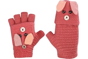AFINDER Guantes de invierno para niñas, guantes de punto de lana para niñas, medias dedos, suaves, cálidos, mágicos, diseño de perro, lindo gloves, exterior, esquí, snowboard, ciclismo, edad de 6 a 12 años