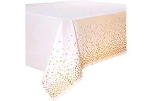 Duocute 4 Pezzi Tovaglia per Feste Bianca e Oro USA e Getta per Tavolo Rettangolare, Copritavolo con Coriandoli a Pois Dorati per Battesimo Nuziale, Fidanzamento, Matrimonio, 137 cm x 274 cm