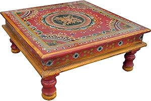 ‎GURU SHOP GURU SHOP Bemalter Kleiner Tisch, Minitisch, Blumenbank - Ornament Rot, 16x38x38 cm