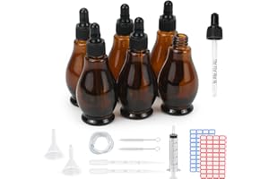 Reyshin 50ml Glass Dropper Bottles, 6 Pack Pear Shaped Amber Glass Bottle with Dropper Pipettes Refillable Sample Dropper Bottle for Essential Oil Massage Aromatherapy Eye Drops (Amber 50ml)
