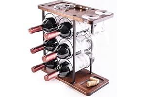 LINGLAN Soporte para 6 Botellas de Vino de Encimera - Estante de Exhibición de 3 Niveles Con 2 Estantes de Secado de Copas