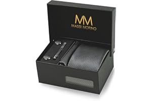 MASSI MORINO Cravate Homme - avec mouchoirs de poche, boutons de manchette et Pinces à cravates | Coffret cadeau | Accessoires de Fete de Mariage
