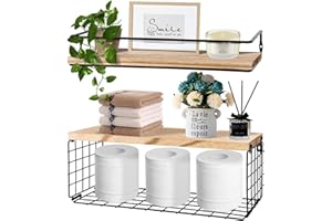 GIRYES Floating Shelves with Wire Storage Basket, Bathroom Shelves Over Toilet with Protective Metal Guardrail, Wood Wall Shelves for Bathroom, Bedroom, Living Room, Toilet Paper (2-in-1 Set)