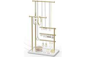 SUSSWIFF Gold Schmuck Organizer - 3 Stangen Schmuckständer, Schmuckaufbewahrung für Ohrringe, Armband, Halskette, Parfüm, Deko-Ästhetik Zubehör für Schminktisch, Verstellbarer Winkel und Höhe 37cm(Max)