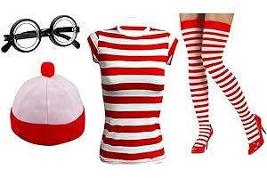 Golden Beads Ladies Women's Girls RED & White Strips T-Shirt KIT Hen Party Going Out Costume Book Day Wally Book Week Nerd Glasses Set Fancy Dress costume stag night top strip costumes shirts