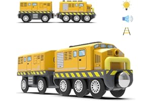 TOPLIVING Set di treni a batteria per ferrovia in legno, potente locomotiva (collegamento magnetico) con fari anteriori e suono consigliato dai 3 anni, giallo