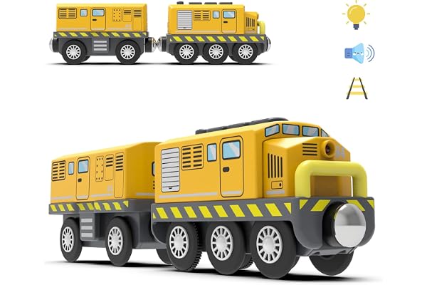 TOPLIVING Kit à Piles pour Rails en Bois, Puissant Train de Locomotive (Connexion Magnétique) Avec Phares Avant et Son, Recommandé à Partir de 3 Ans, Jaune