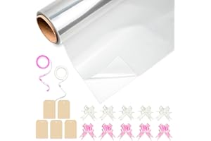 Huruc Clear Cellophane Wrap Roll 80cm x 30m Folded with 10 Pull Bows, 2 Ribbons & 10 Tags – Extra Wide Christmas Wrapping Cello for Hampers, Bouquets, Gifts & Holiday Packaging